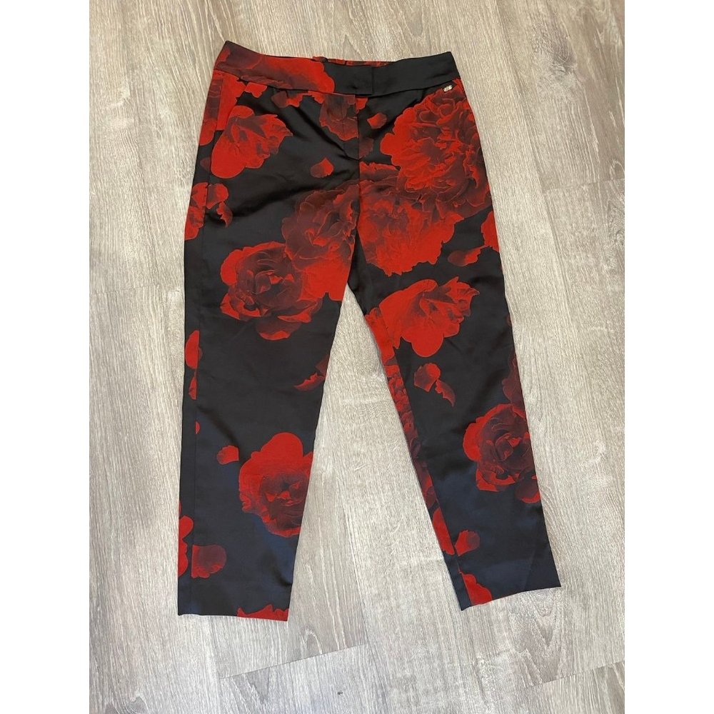 NWOT Escada Flower Print Skinny Ankle Pants Gladiola Red